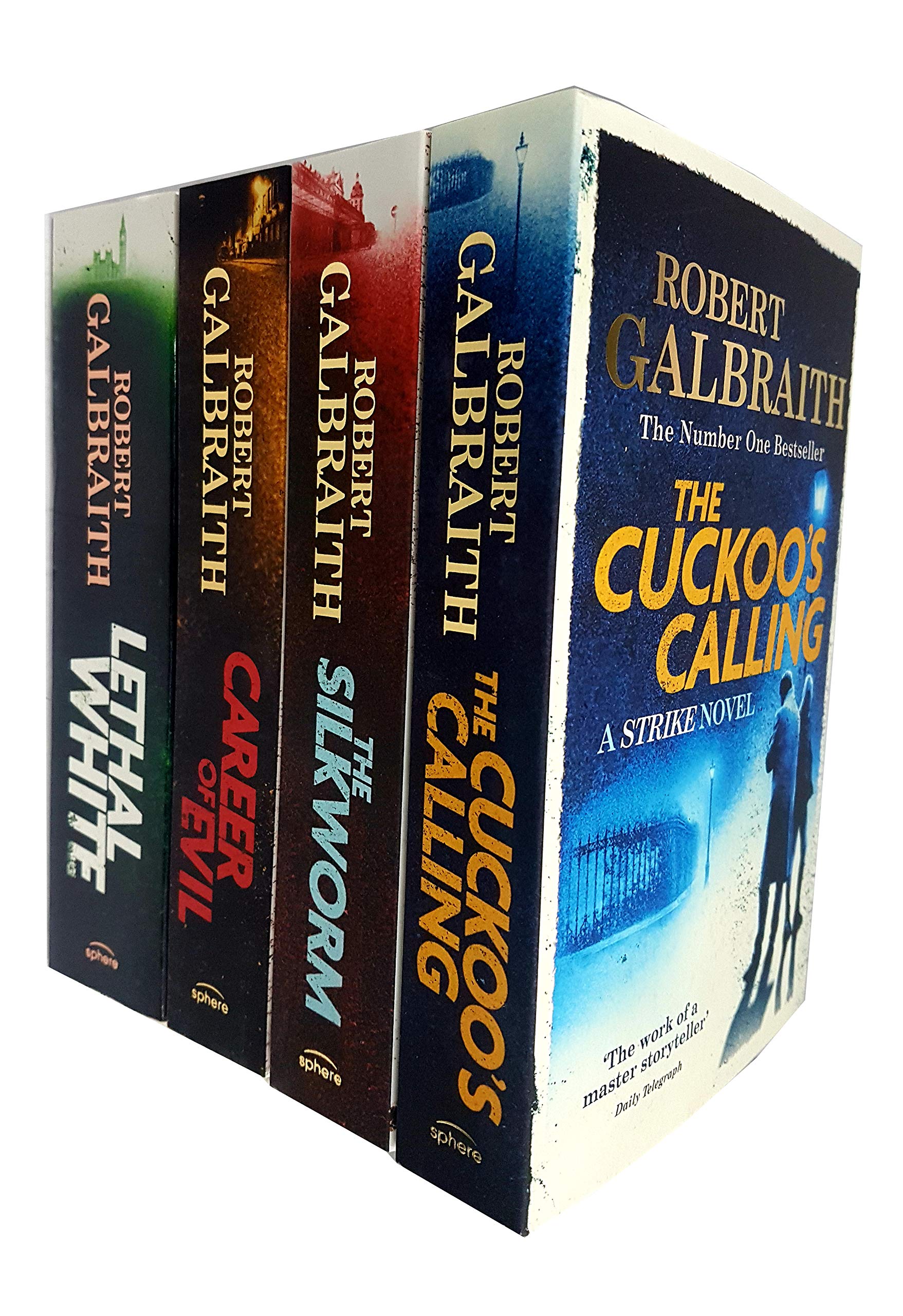 Cormoran Strike 4-book paperback set by Robert Galbraith showing distinct cover designs and book spines