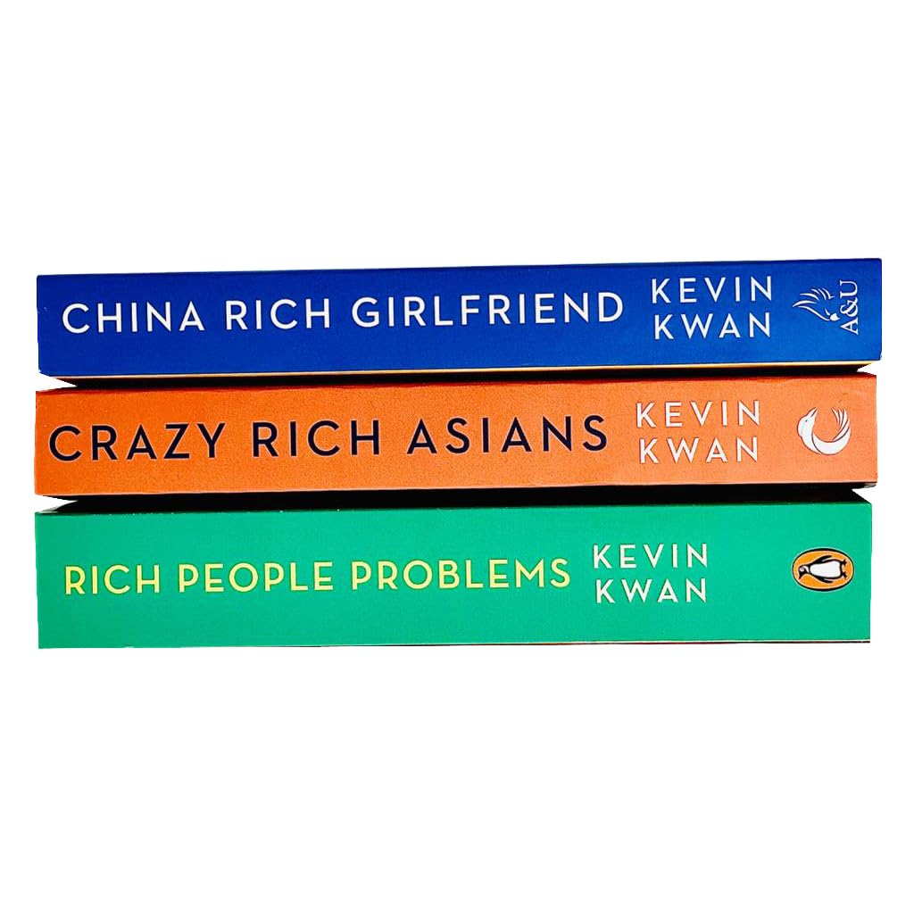 Close-up of the three paperback spines and covers in the Crazy Rich Asians trilogy set