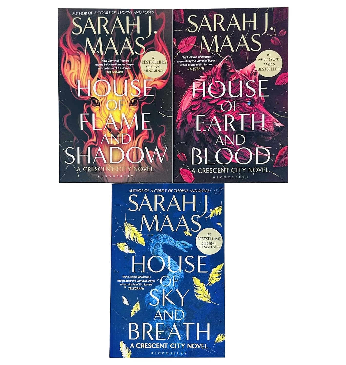 Close-up of the three Crescent City paperback book spines by Sarah J. Maas arranged side by side.