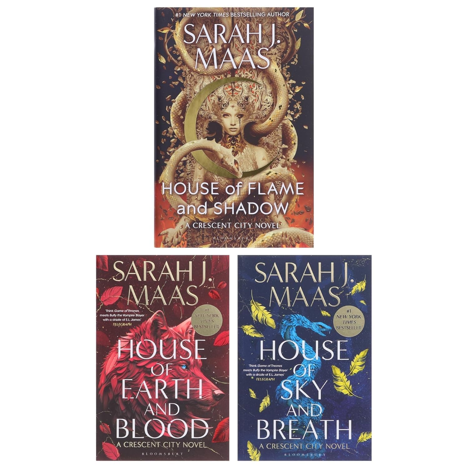 Crescent City Series 3 Books Collection Set by Sarah J. Maas - paperback front covers of House of Earth and Blood, House of Sky and Breath, and House of Flame and Shadow