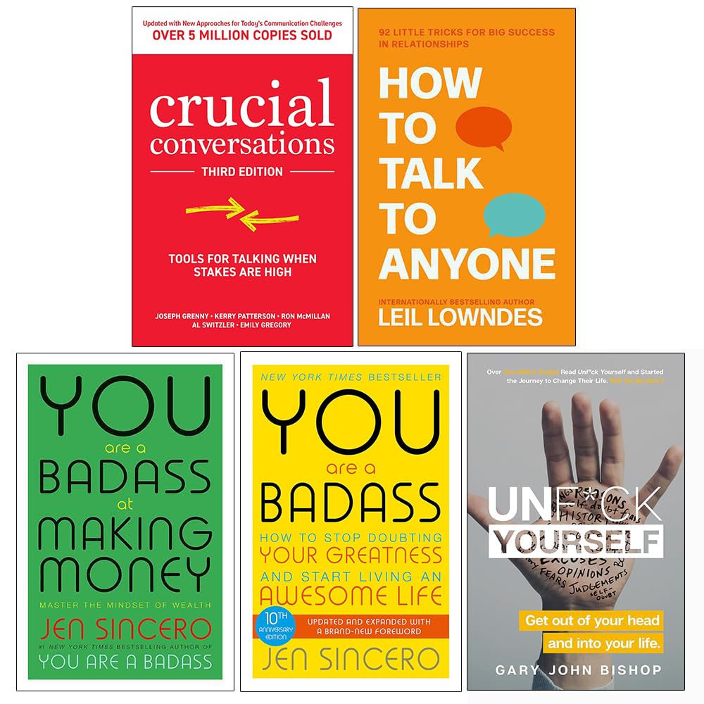 Front cover of Crucial Conversations, How to Talk to Anyone, You Are a Badass, You Are a Badass at Making Money and Unf*ck Yourself 5-book paperback self-help collection
