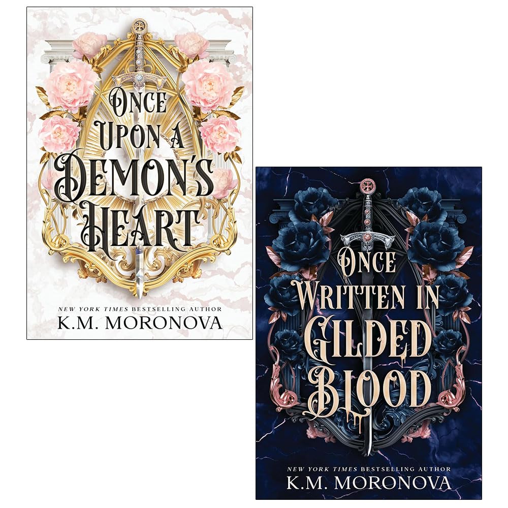 Cruel Fates Duet by K.M. Moronova 2 book paperback collection set front covers, Once Upon a Demon's Heart and Once Written in Gilded Blood