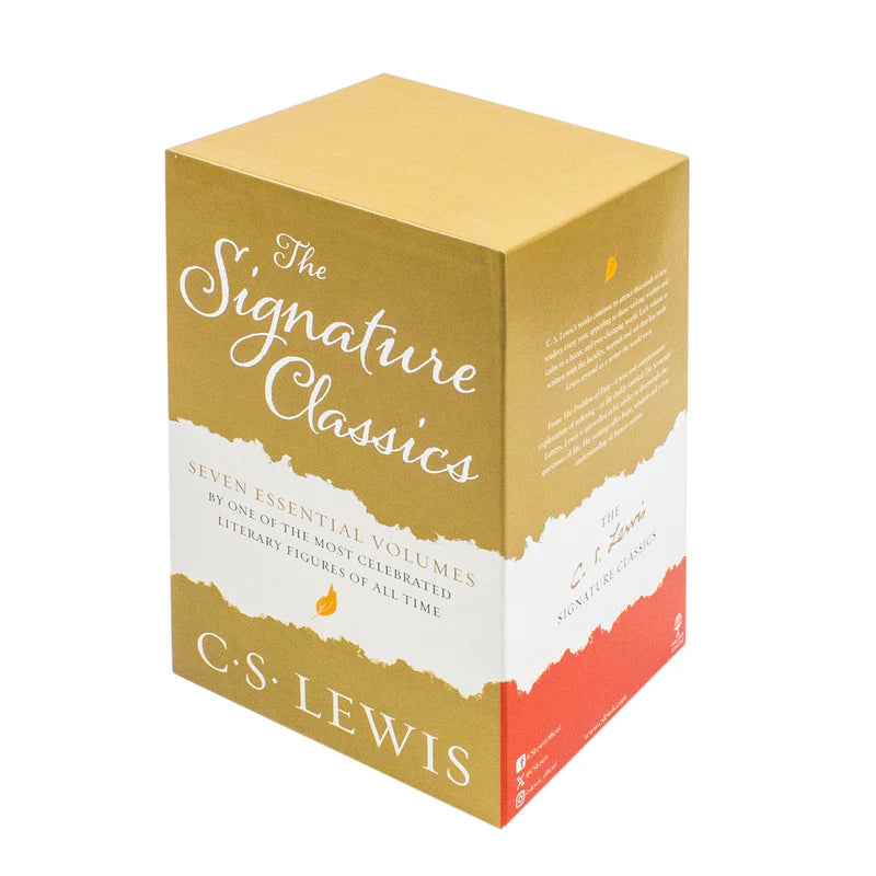 Back of the C. S. Lewis Signature Classics box set showing all 7 paperback titles listed