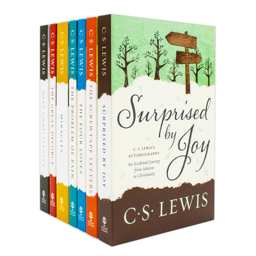 Close-up of individual C. S. Lewis Signature Classics paperback book covers including Mere Christianity and The Screwtape Letters