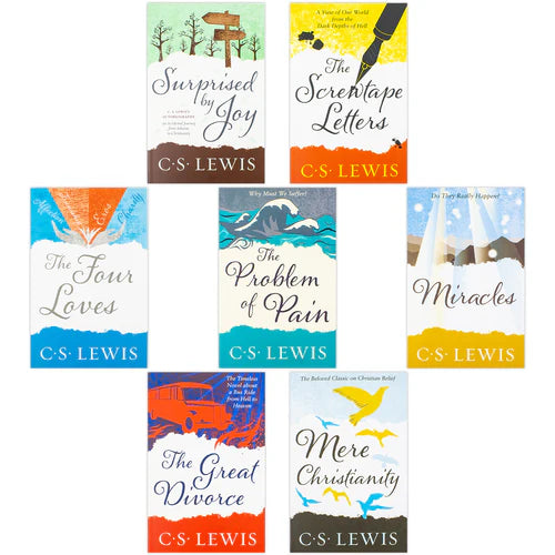 Colorful spines of the C. S. Lewis Signature Classics 7 book paperback collection