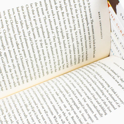 Alternate angle of the C. S. Lewis Signature Classics paperback box set showing distinct book cover artwork
