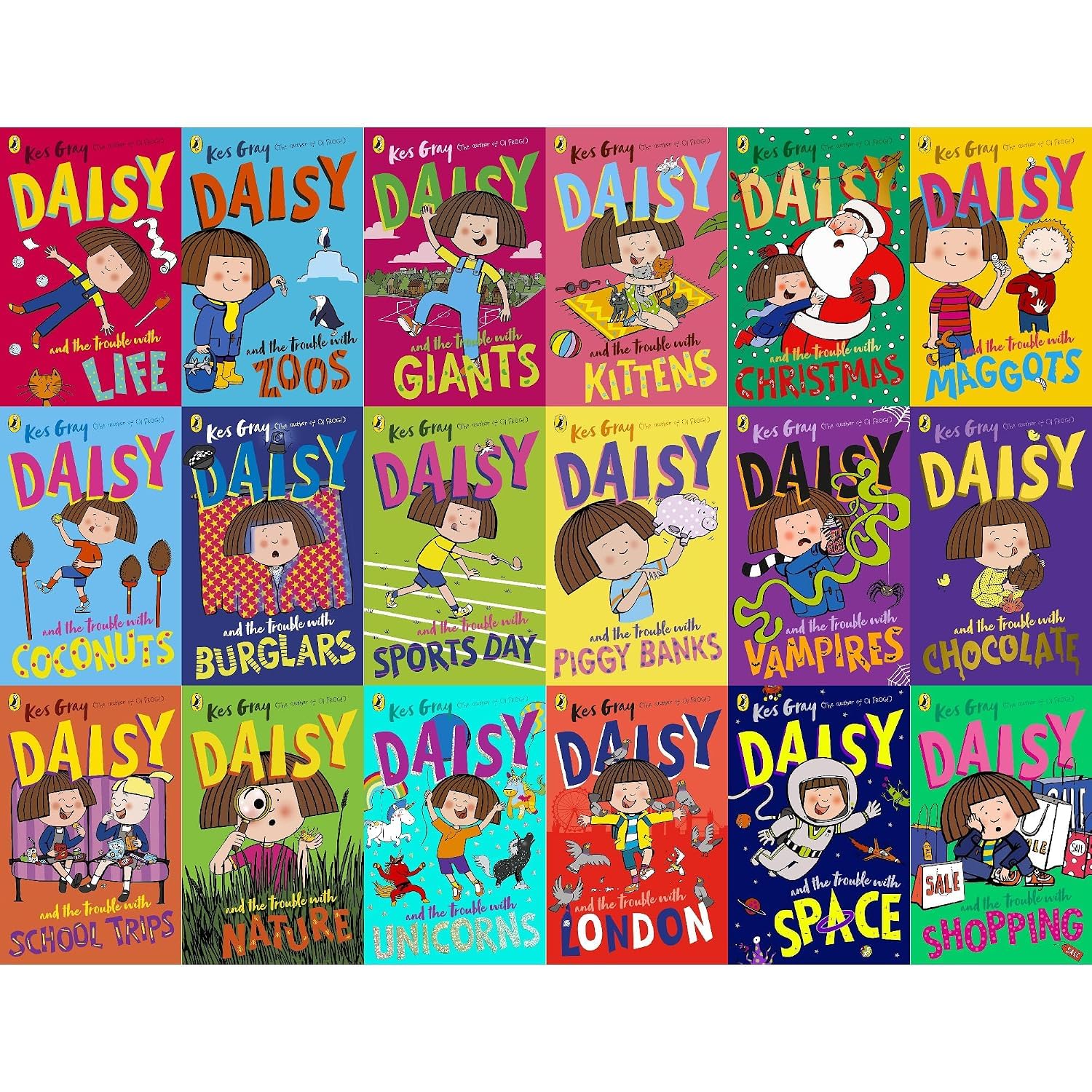 Daisy and the Trouble With books by Kes Gray - full set of 18 paperback books fanned out