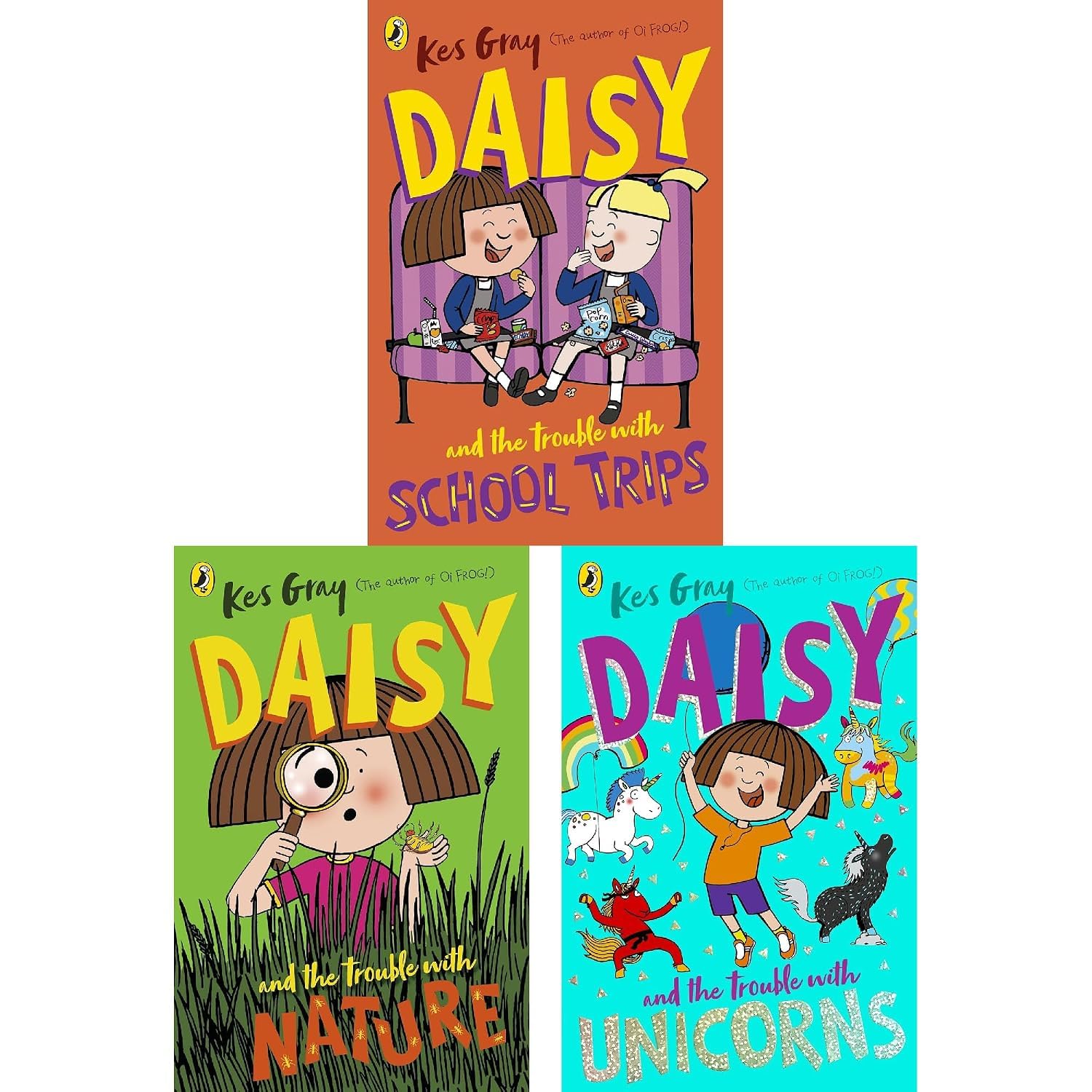 Back cover of Daisy and the Trouble With 18 Books Collection Set by Kes Gray showing series summary