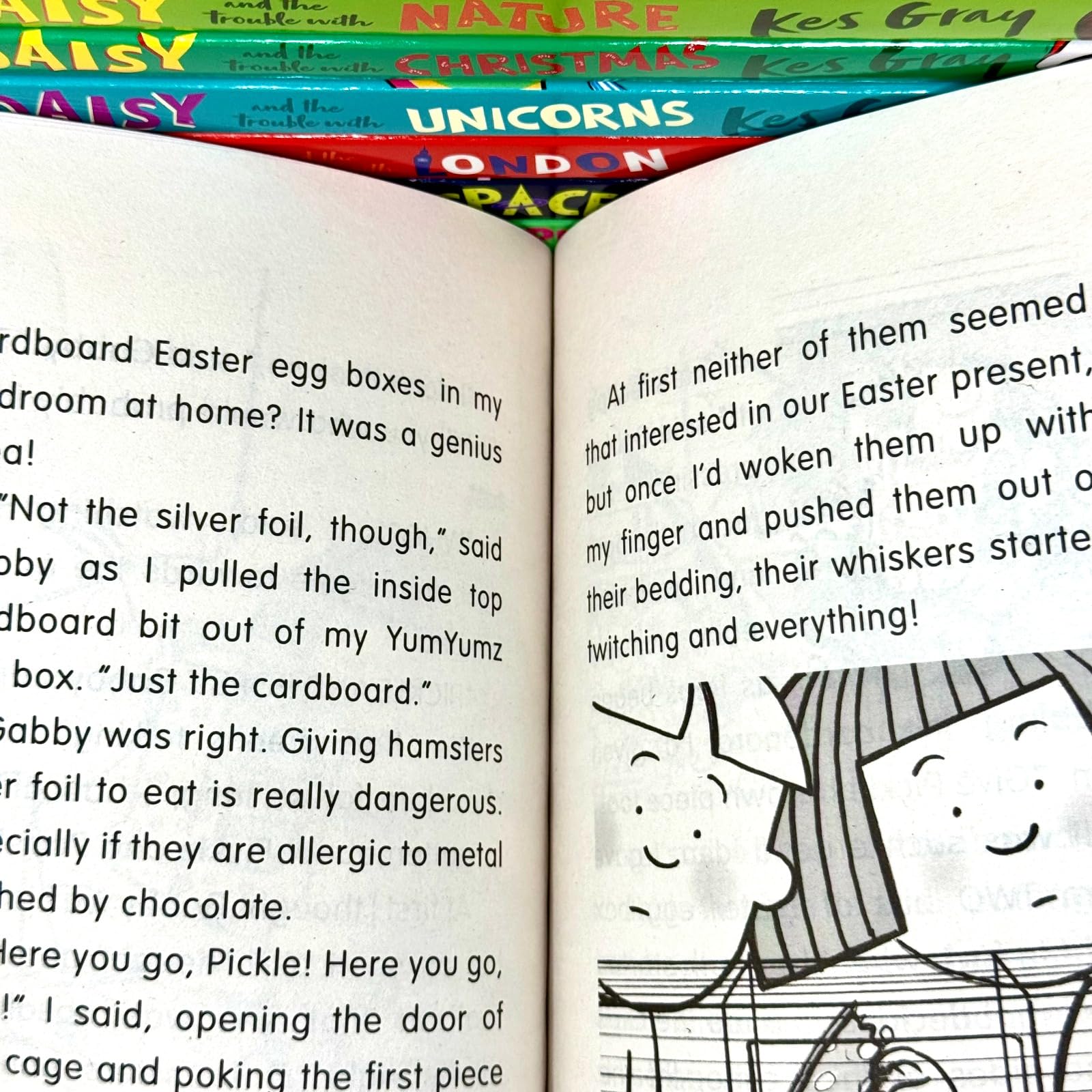 Daisy and the Trouble with School Trips and Daisy and the Trouble with Nature paperback covers from the Kes Gray 8 book set