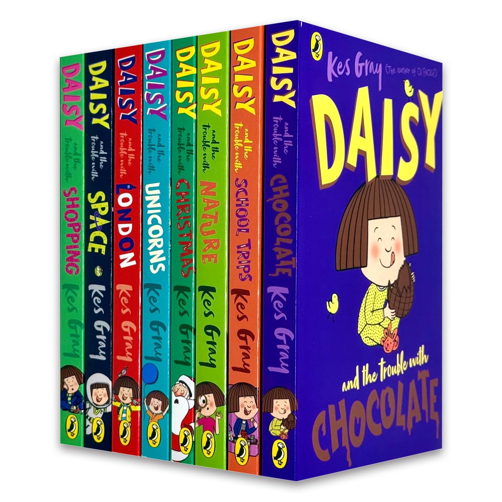 The Daisy Collection by Kes Gray 8 book paperback set with all covers fanned out showing Chocolate, School Trips, Nature, Christmas, Unicorns, London, Space and Shopping titles