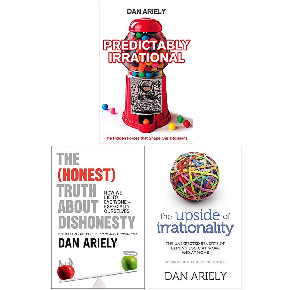 Front cover of the Dan Ariely 3 Books Collection Set in paperback, featuring Predictably Irrational, The Honest Truth About Dishonesty, and The Upside of Irrationality