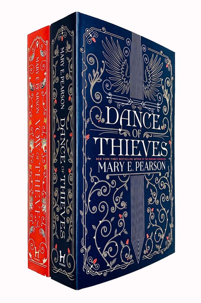 Front covers of Dance of Thieves and Vow of Thieves paperback books by Mary E. Pearson, young adult fantasy romance set.