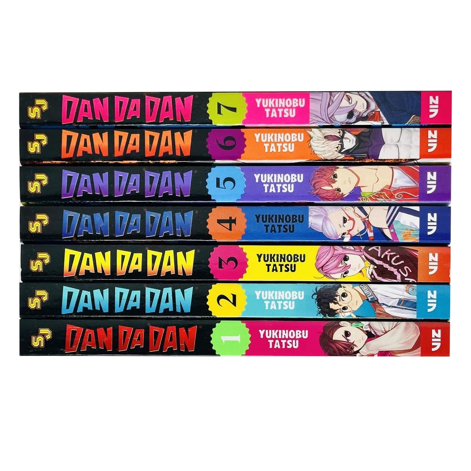Dandadan manga collection set volumes 1 through 7 spines lined up