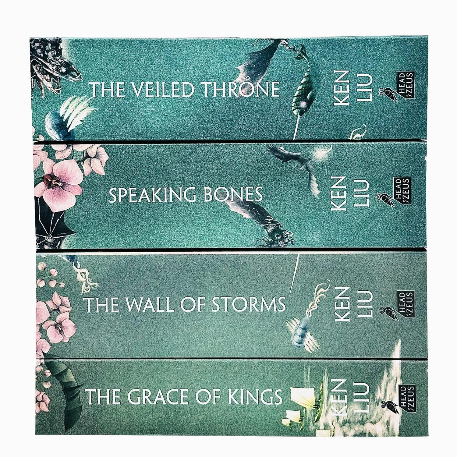 The Dandelion Dynasty 4 Books Collection Set by Ken Liu, paperback — all four paperback spines lined up together showing matching cover design.