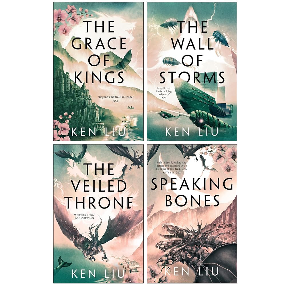 The Dandelion Dynasty 4 Books Collection Set by Ken Liu, paperback — the four paperbacks fanned out to show individual cover designs side by side.