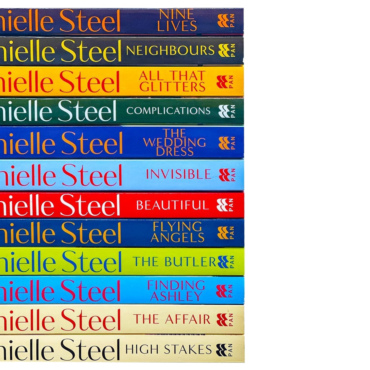 Full spread of all paperback books fanned out in the Danielle Steel 12 Books Collection Box Set, displaying the variety of covers and titles included