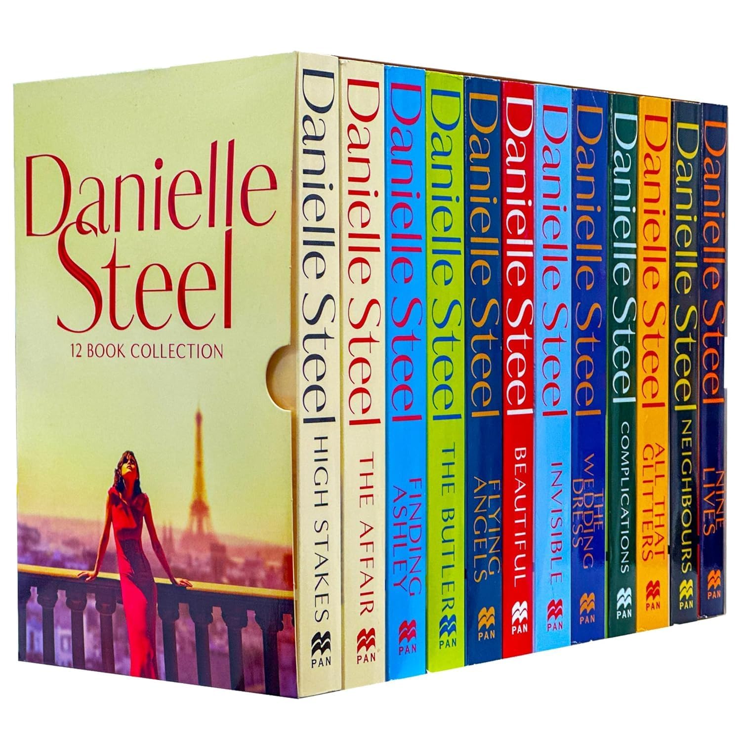 Front cover view of the Danielle Steel 12 Books Collection Box Set in paperback, showing colorful covers for Nine Lives, Neighbours, and other titles