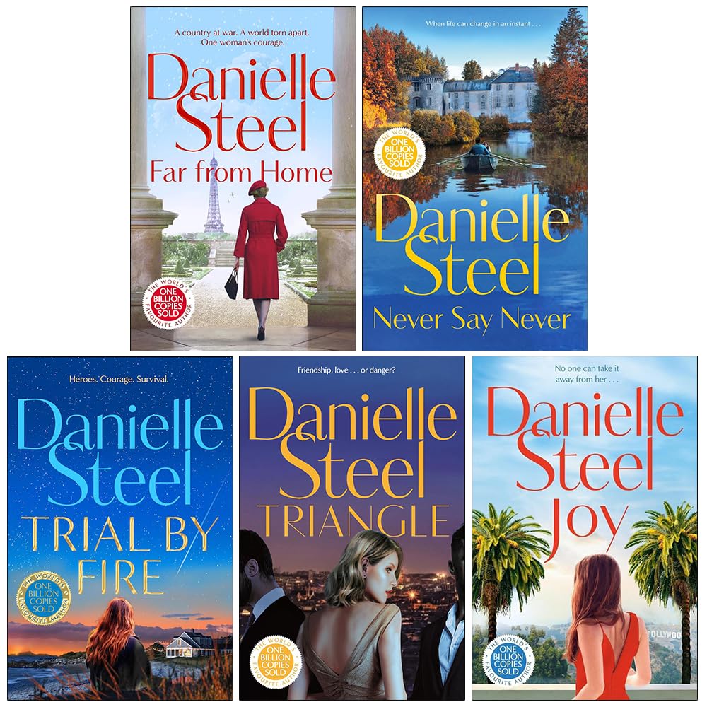 Danielle Steel 5 Books Collection Set paperback front cover, featuring Far From Home, Never Say Never, Trial by Fire, Triangle, and Joy