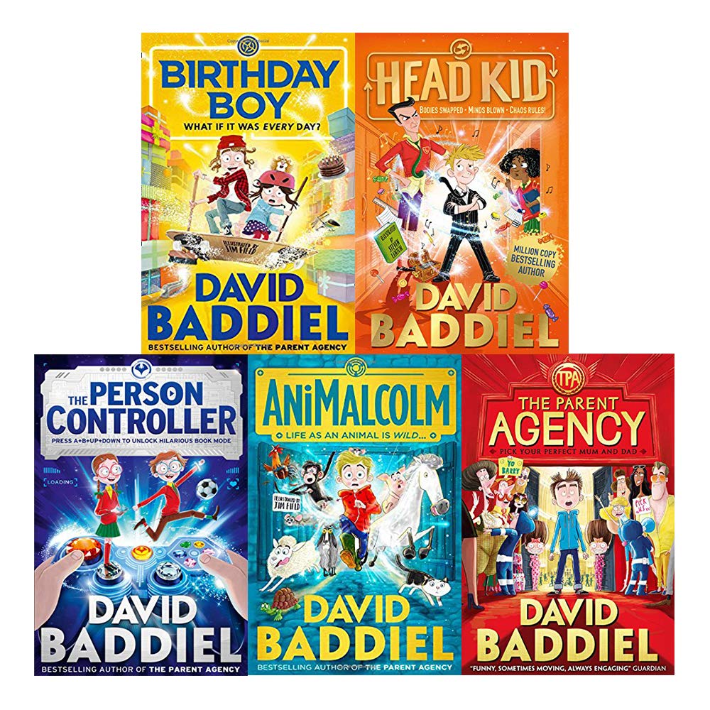 David Baddiel 5 Books Collection Set paperback front cover artwork featuring Parent Agency, Animalcolm, The Person Controller, Birthday Boy, and Head Kid
