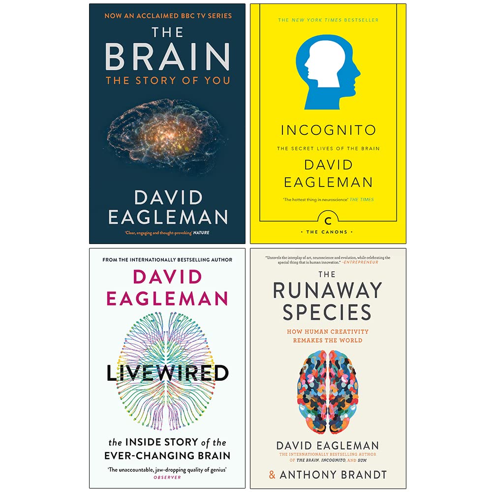 Front cover of the David Eagleman 4 books paperback collection set, including The Brain: The Story of You, Incognito, Livewired, and The Runaway Species