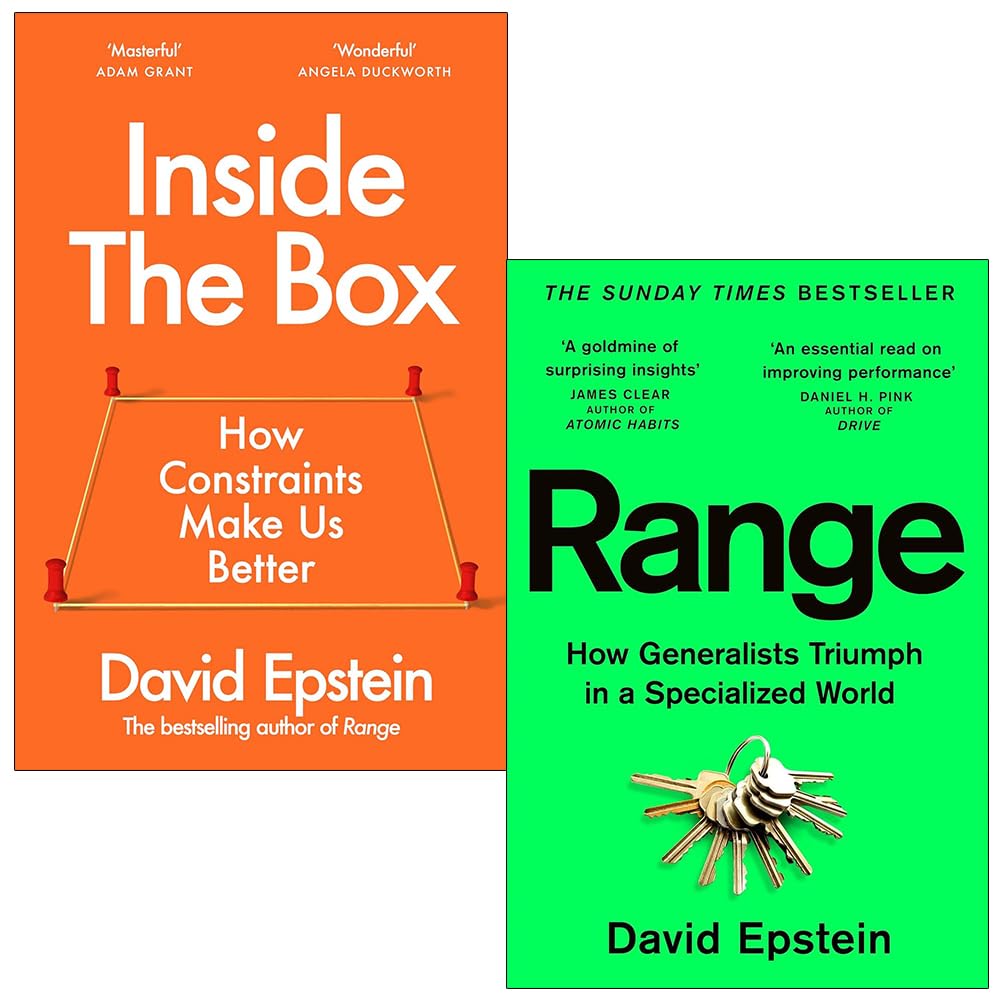 Front covers of David Epstein 2 books collection set, Range and Inside the Box paperback, brand new UK edition