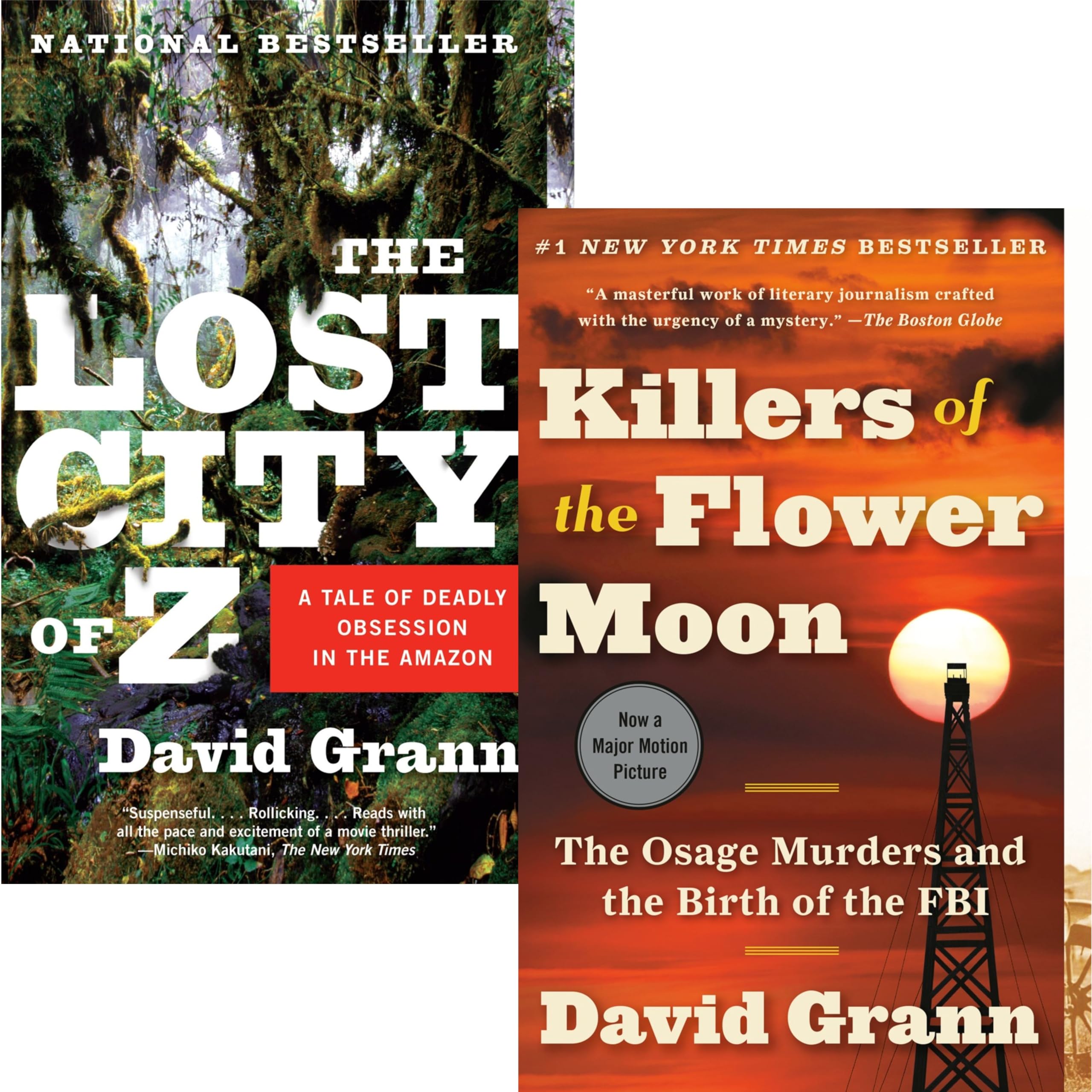 David Grann 2 Books Collection Set paperback front covers, Killers of the Flower Moon and The Lost City of Z