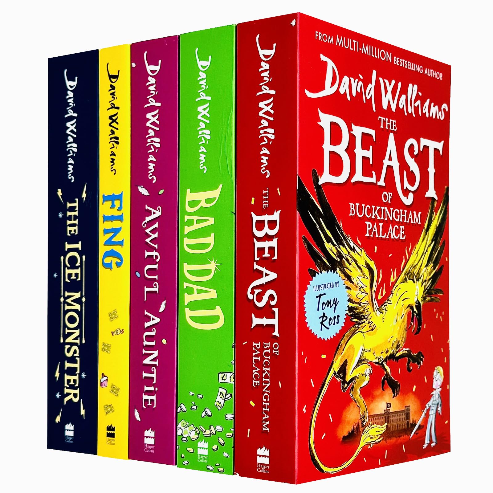 David Walliams Collection 5 Books Set front cover showing The Beast of Buckingham Palace, Bad Dad, Awful Auntie, Fing, and The Ice Monster paperbacks
