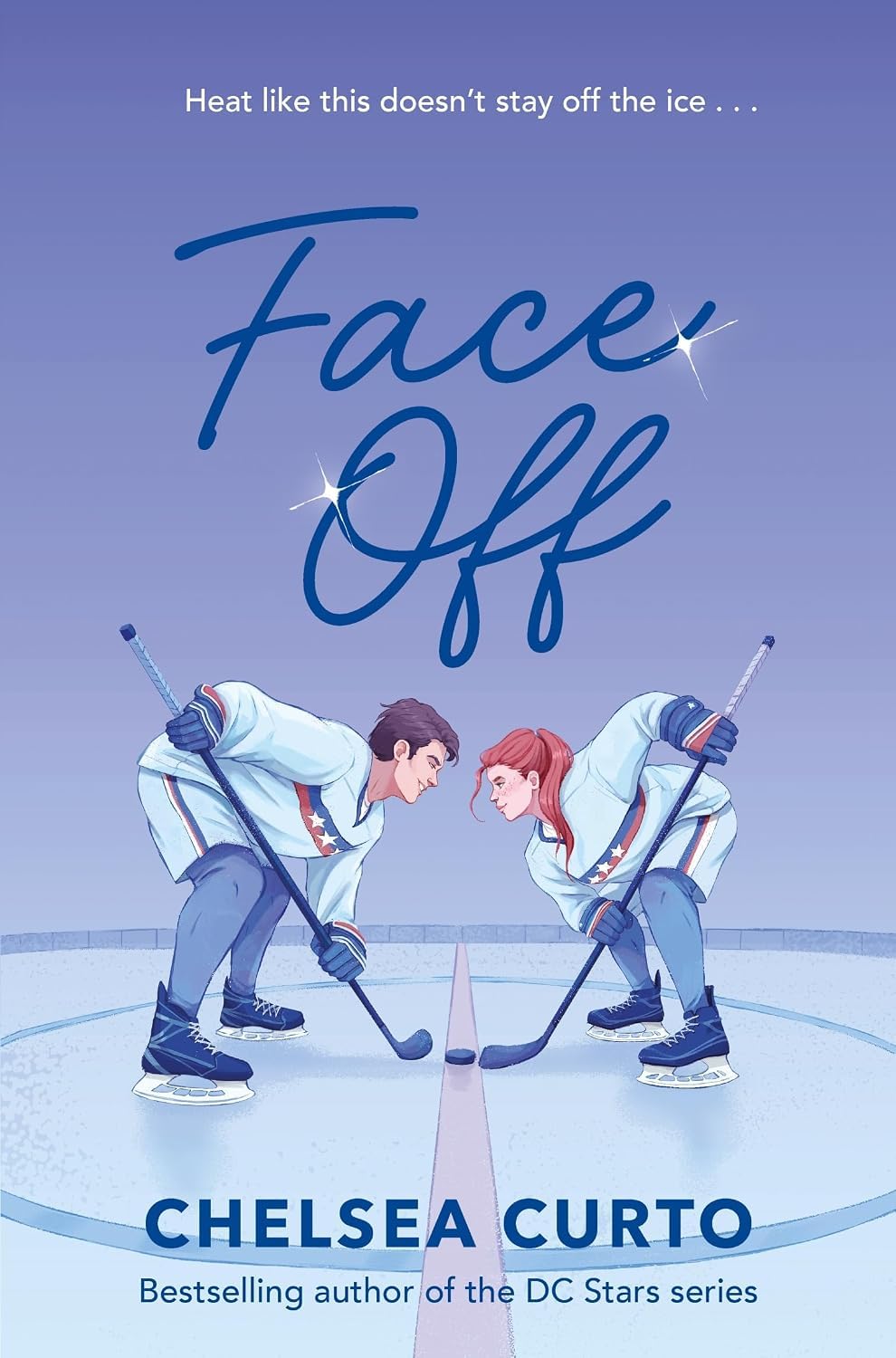 Close-up of Face Off paperback cover by Chelsea Curto, book 1 in the D.C. Stars hockey romance series