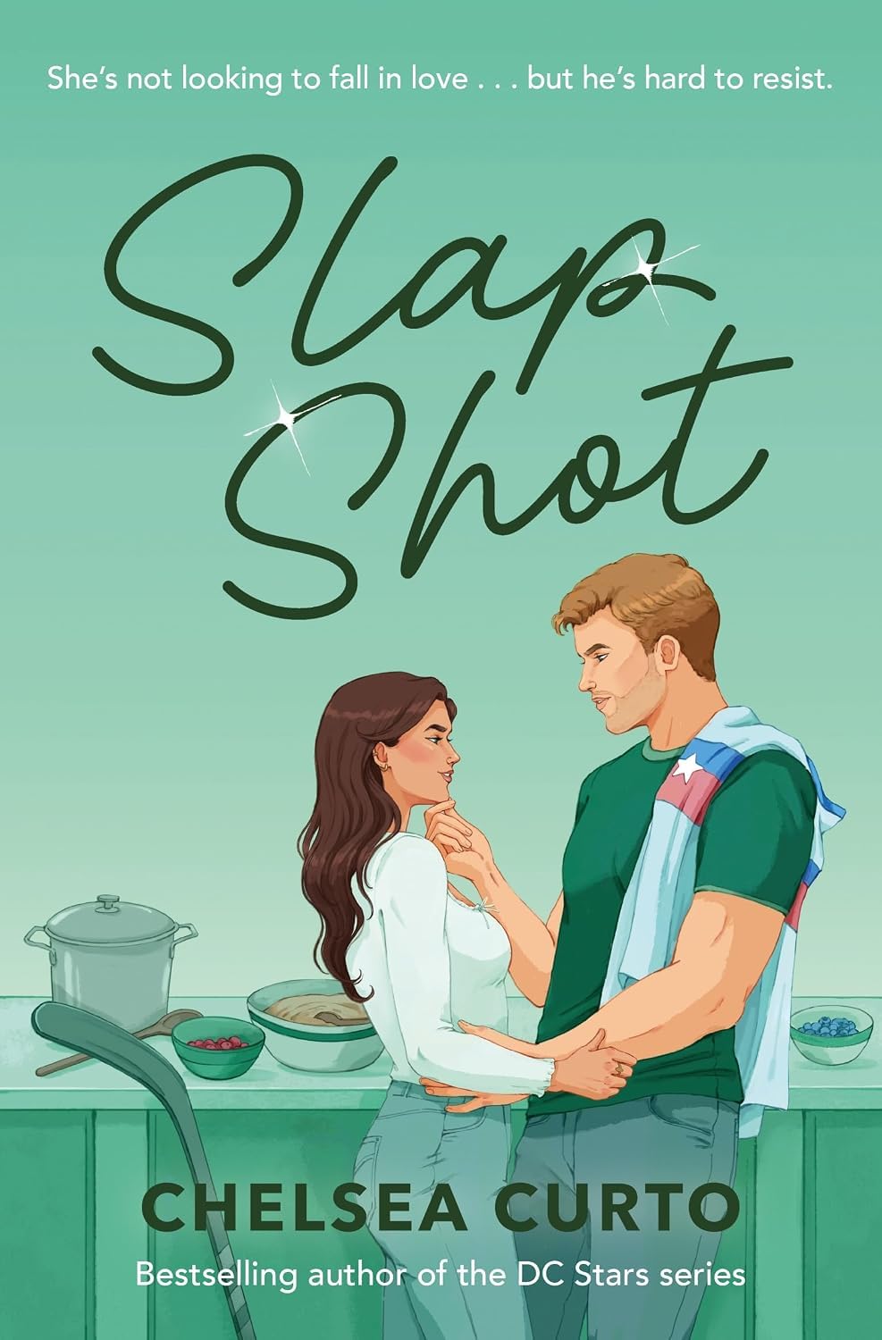 Close-up of Slap Shot paperback cover by Chelsea Curto, book 3 in the D.C. Stars hockey romance series