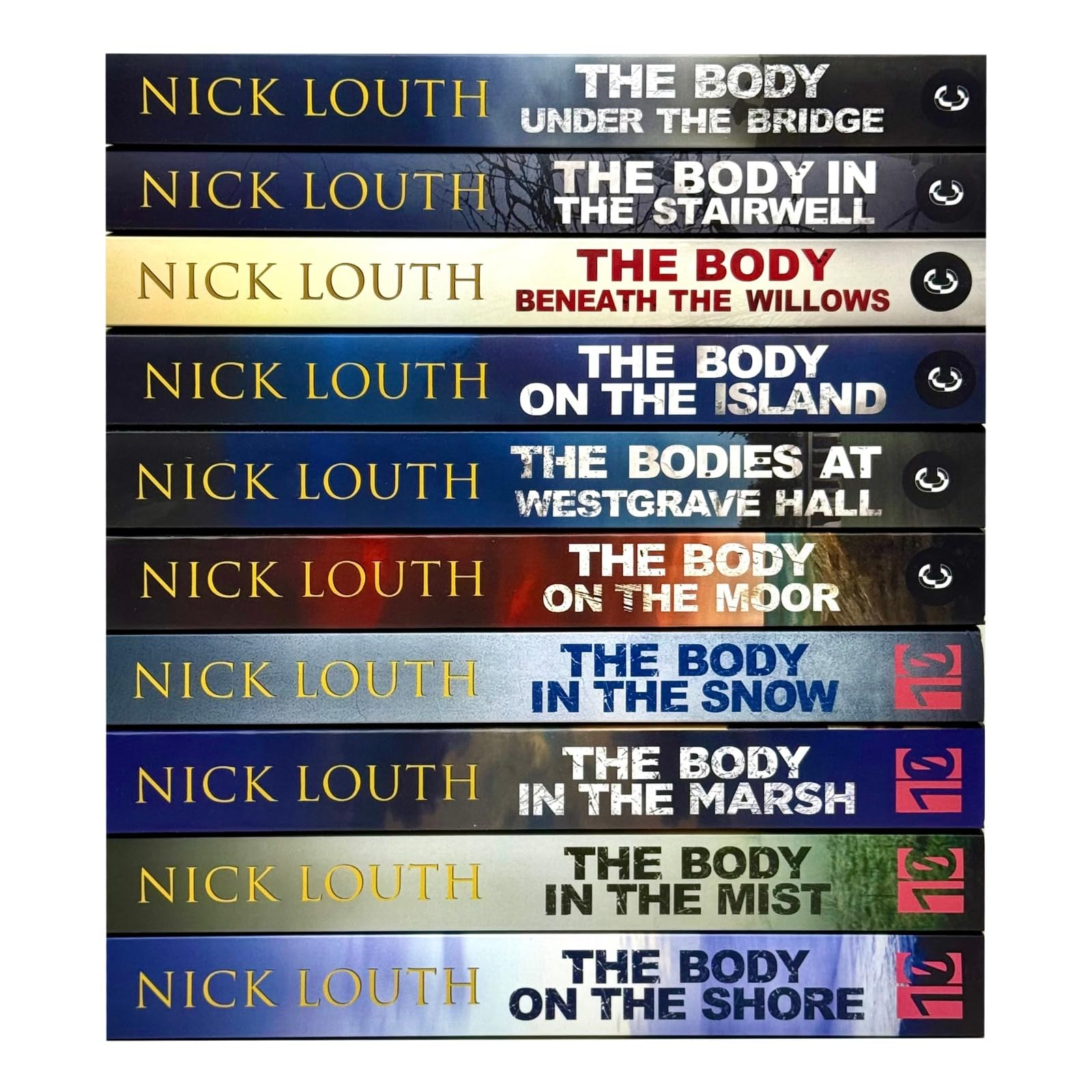 Close-up of the front covers showing The Body in the Marsh and The Body on the Shore paperback editions