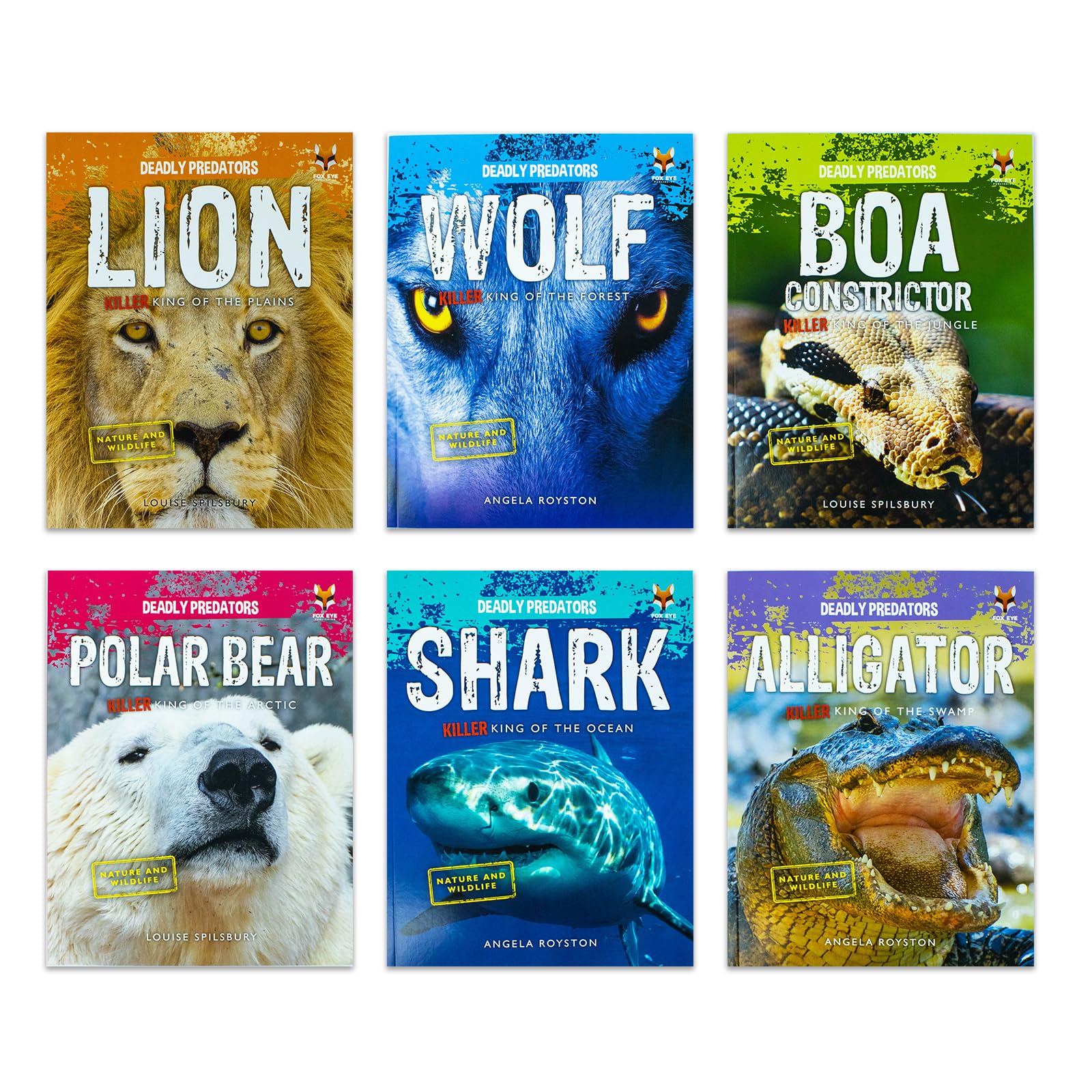Deadly Predators Killer Kings of the Animal Kingdom 6 book paperback set by Angela Royston - front cover of the boxed collection