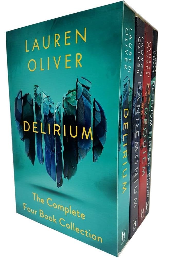 Close-up of Pandemonium and Requiem paperback covers from the Delirium trilogy