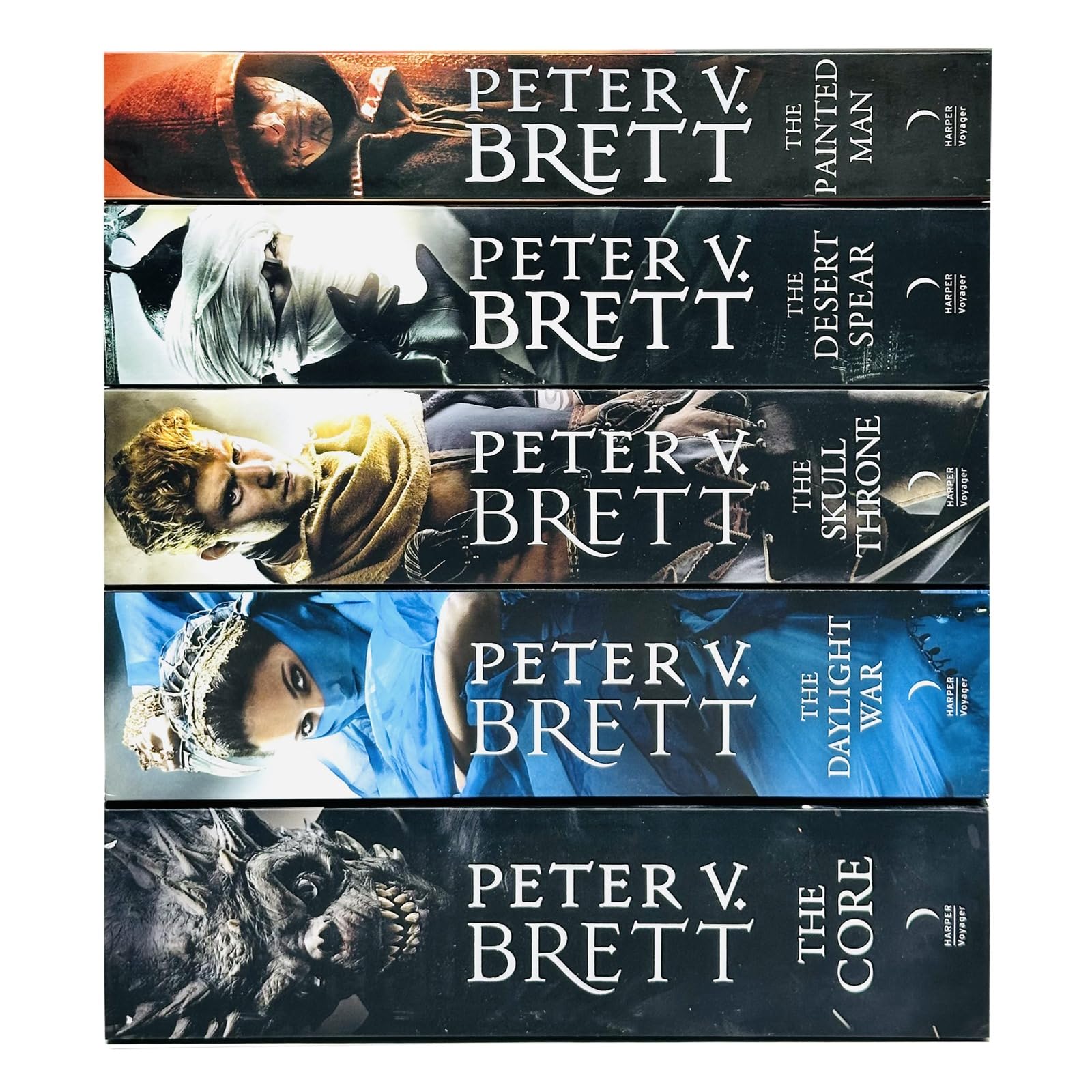 The Demon Cycle 5-book paperback set by Peter V. Brett fanned out showing all five spines