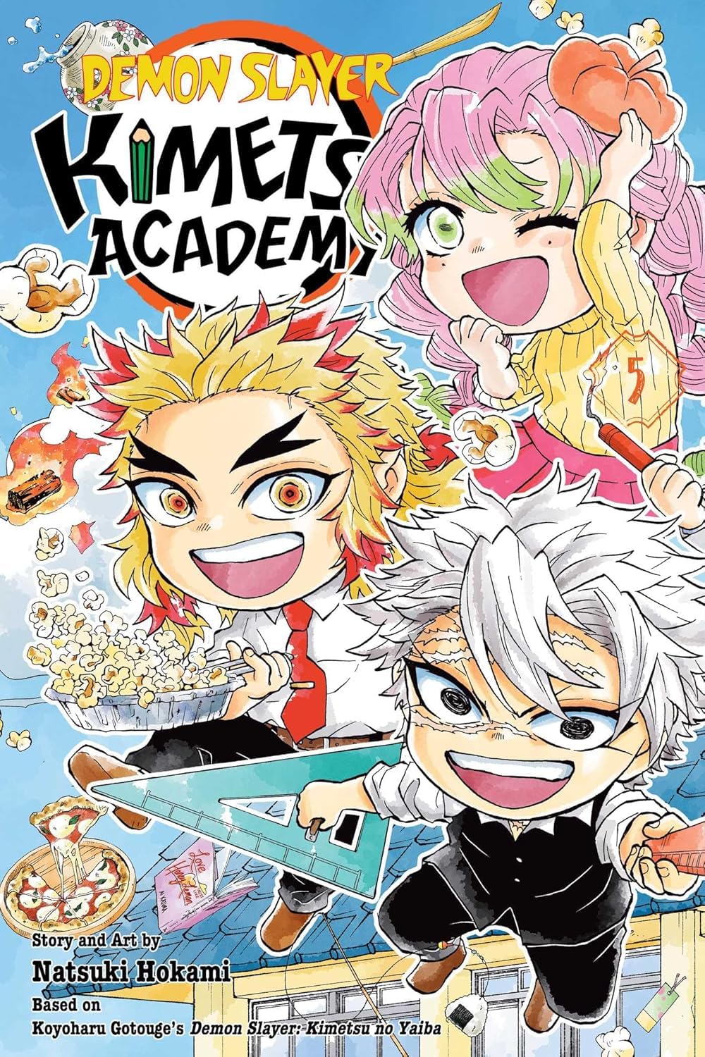 Demon Slayer: Kimetsu Academy paperback spines lined up side by side showing the complete 5-volume set