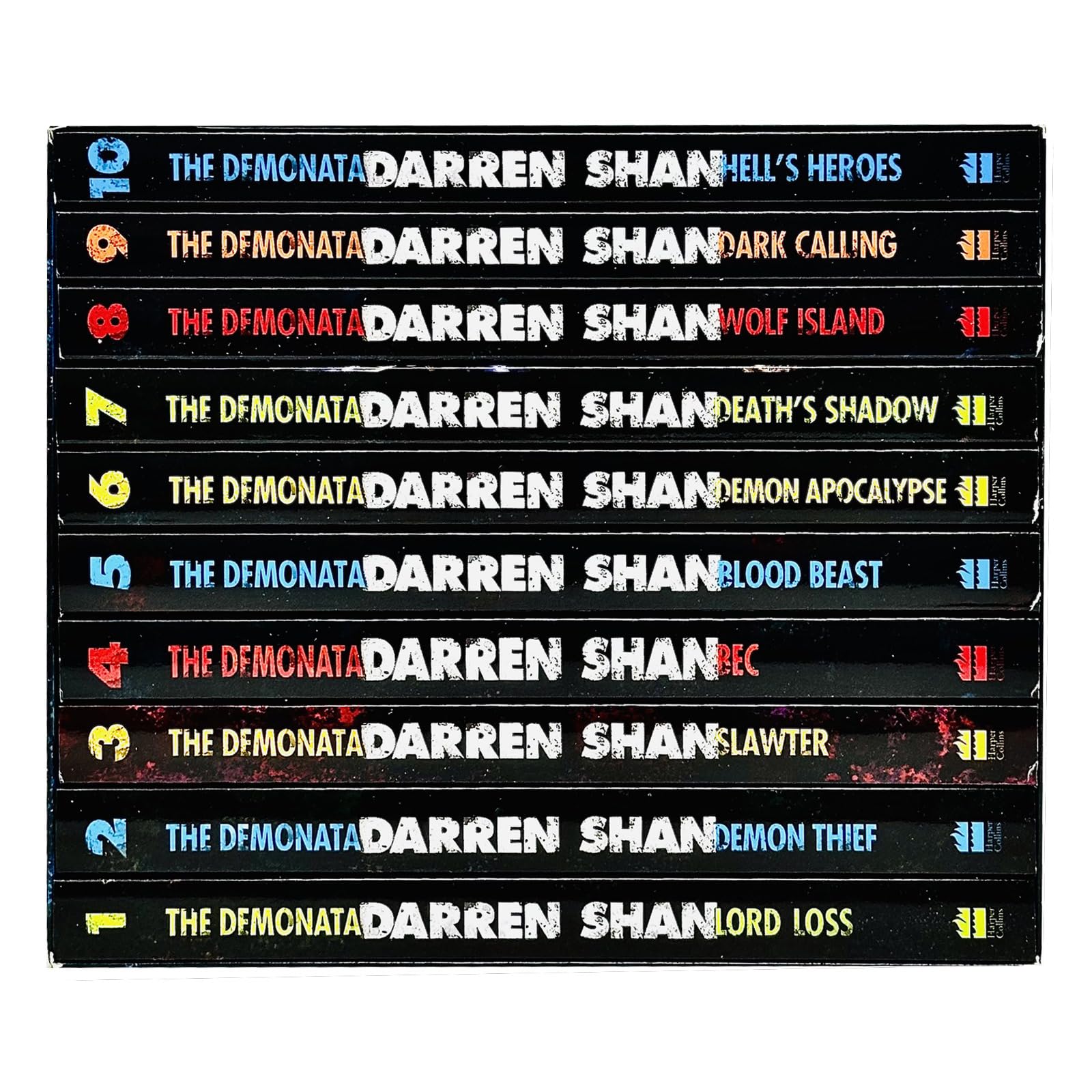 The Demonata series paperback set by Darren Shan, alternate cover angle showing spine details