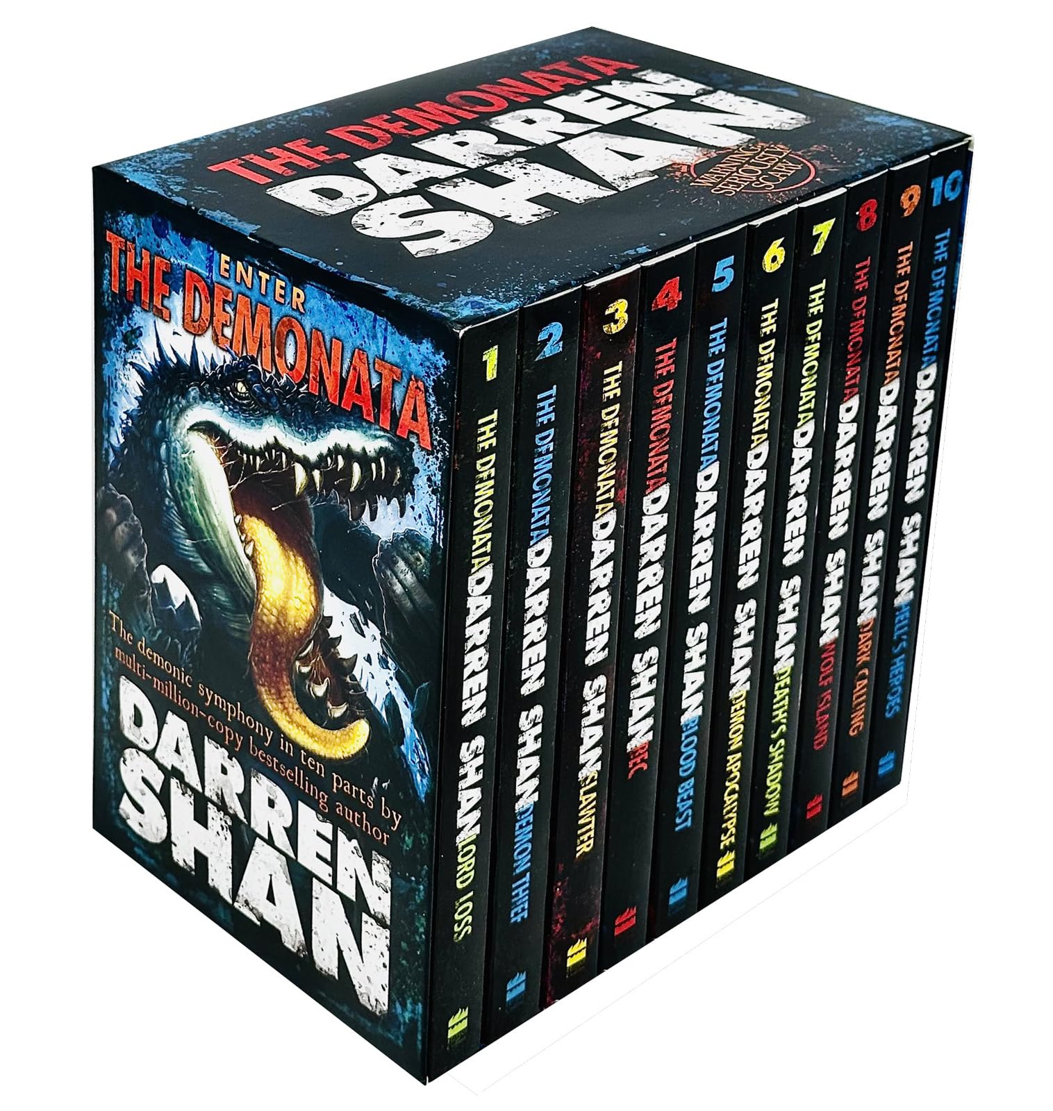 All 10 Demonata paperback books by Darren Shan fanned out showing individual titles
