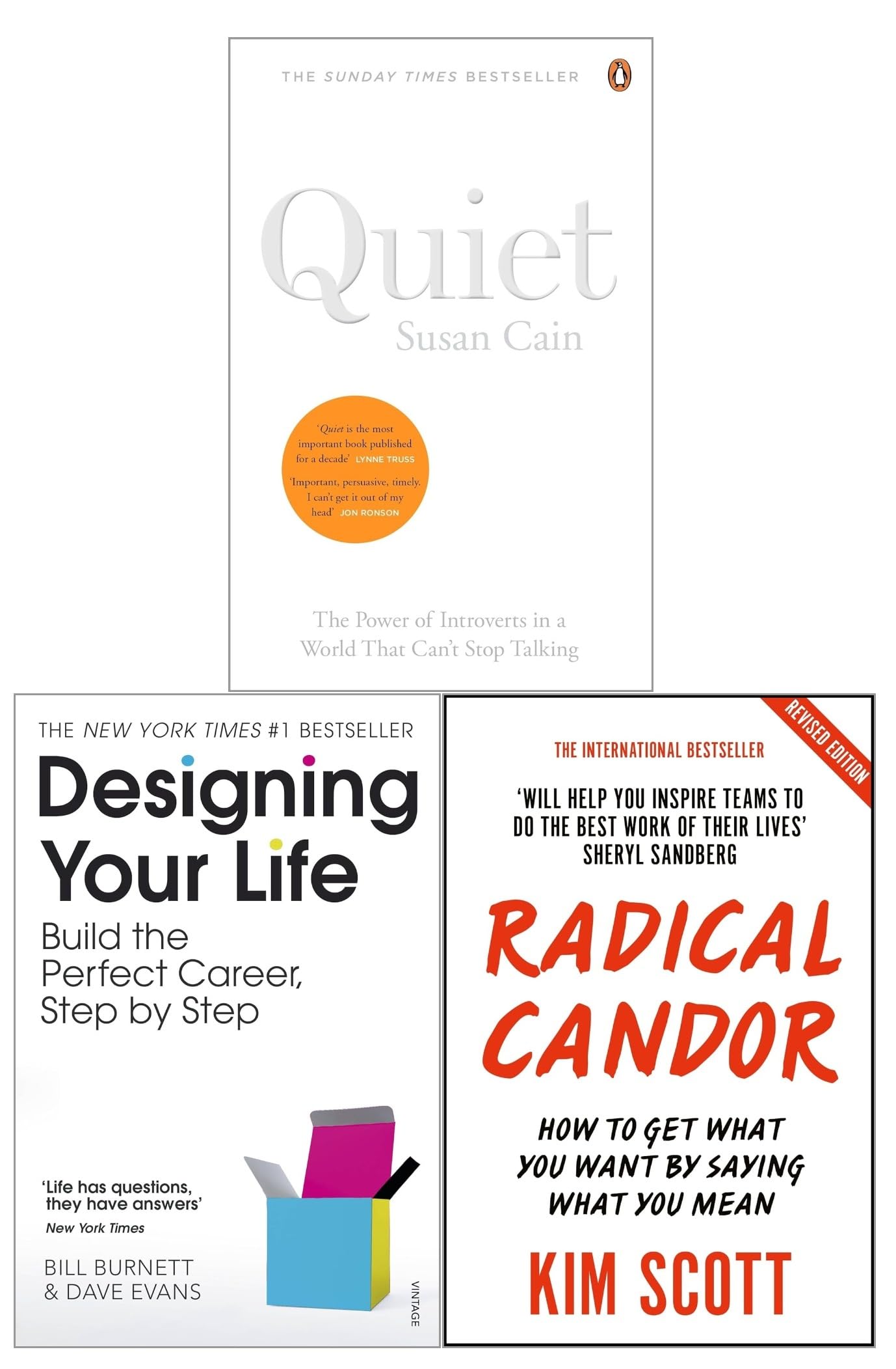 Designing Your Life, Radical Candor and Quiet 3 Books Collection Set paperback front covers