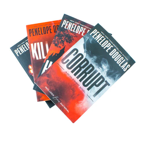 Close-up of the Devil's Night paperback covers by Penelope Douglas, showing cover art detail for Corrupt, Hideaway, Kill Switch, and Nightfall