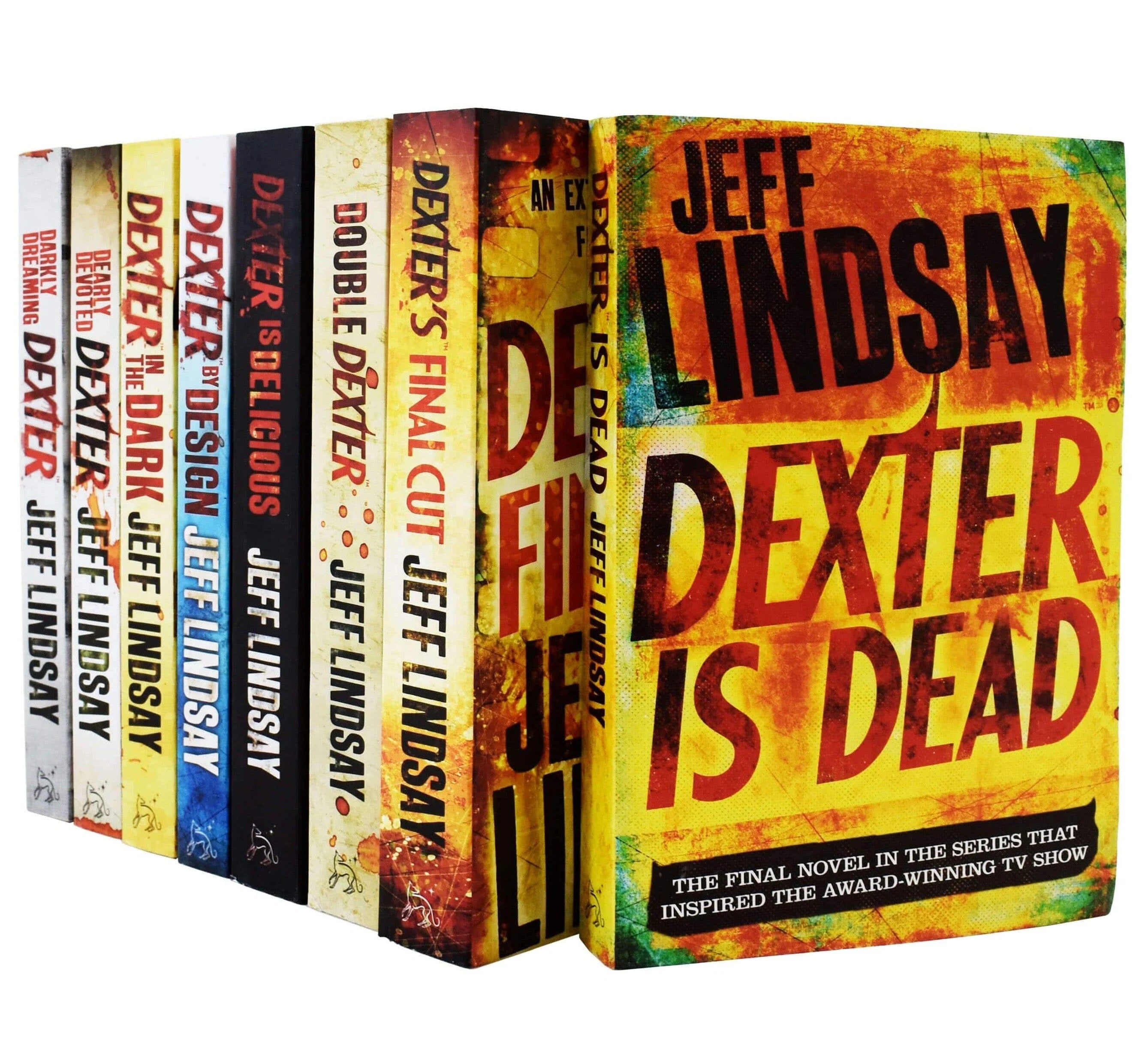 All 8 Dexter Series paperback novels by Jeff Lindsay fanned out, showing individual titles from Darkly Dreaming Dexter to Dexter Is Dead.