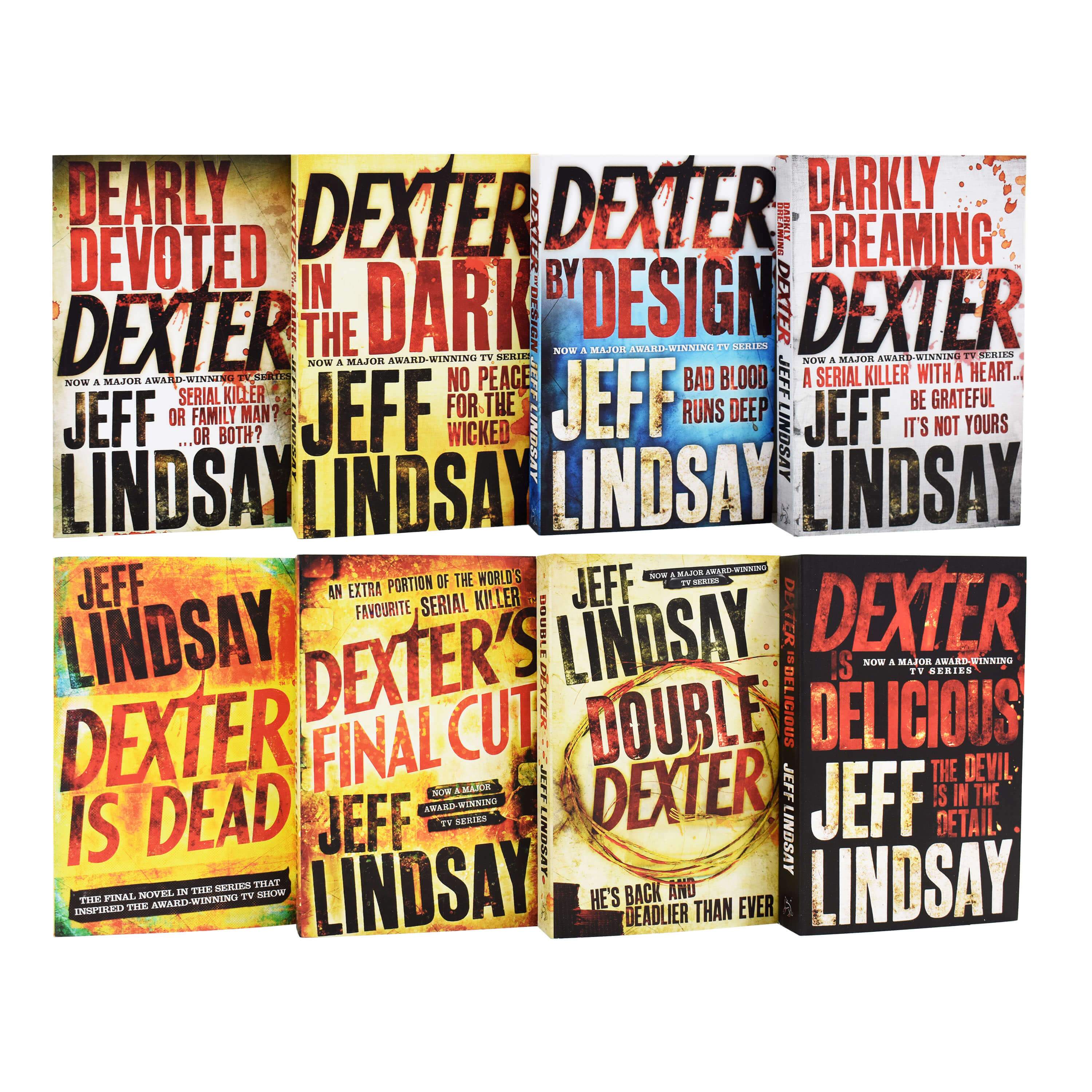Close-up of spines from the Dexter Series 8-book paperback collection set by Jeff Lindsay, highlighting titles in the crime fiction saga.