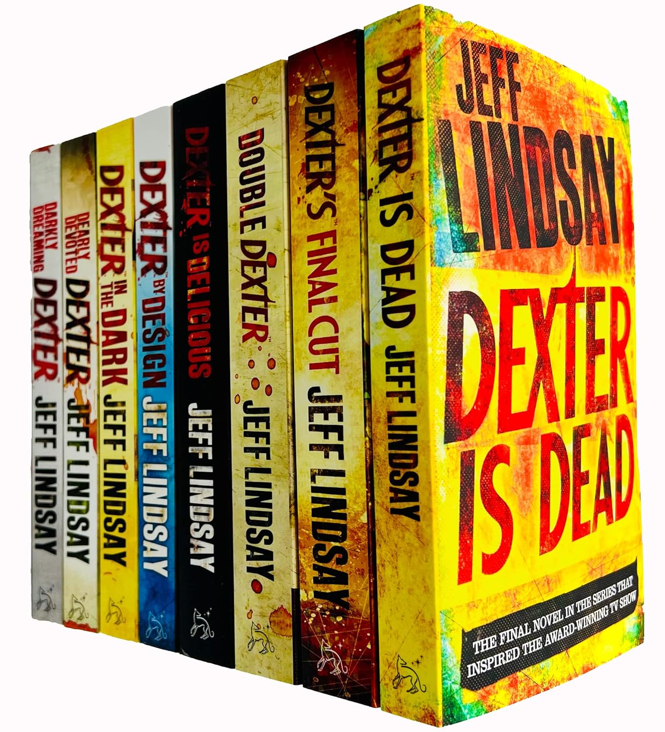 Front cover of the Dexter Series by Jeff Lindsay 8-book paperback collection set, showing the complete crime fiction novels.