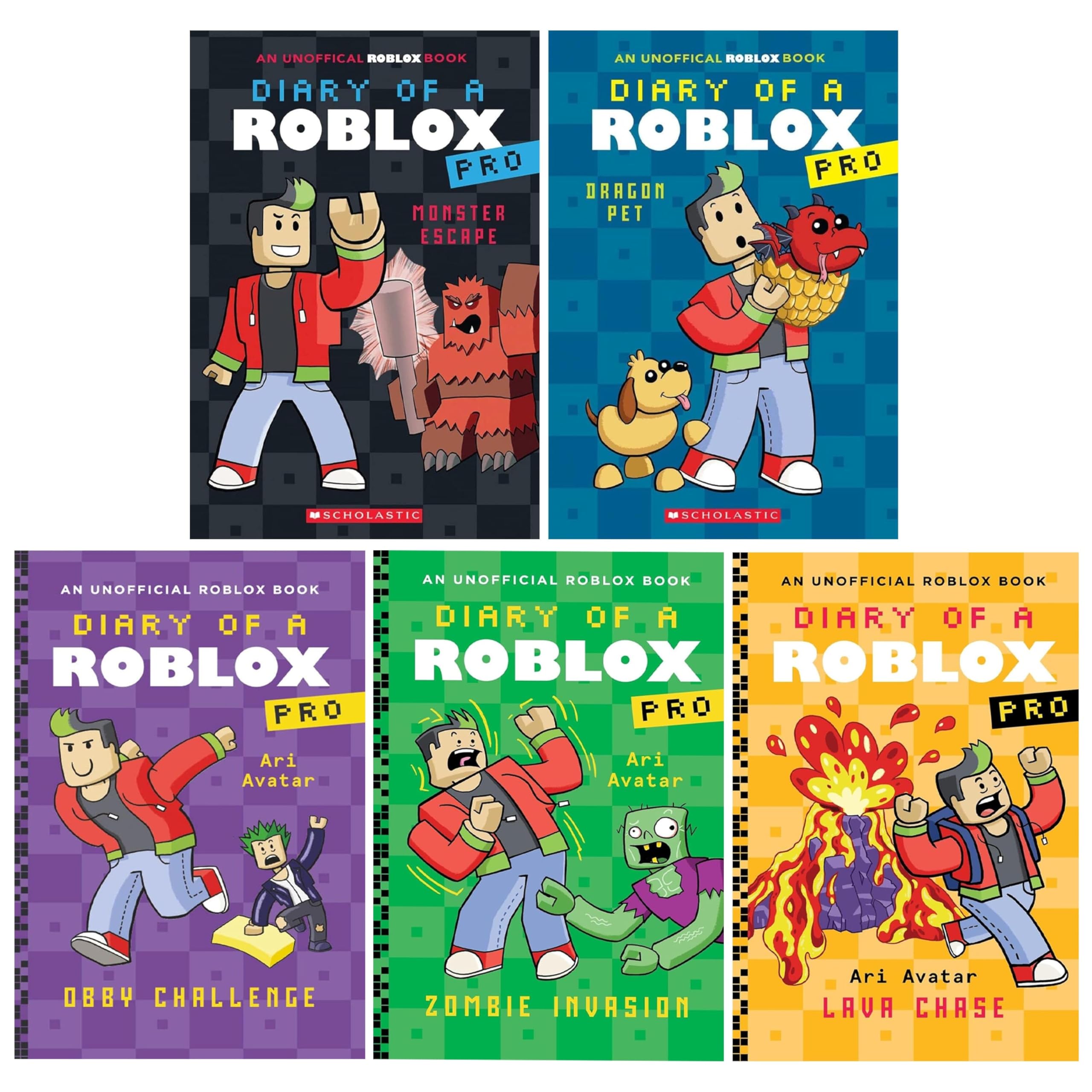 Diary of a Roblox Pro by Ari Avatar 5-book paperback collection set front cover showing Monster Escape, Dragon Pet, Obby Challenge, Lava Chase, and Zombie Invasion