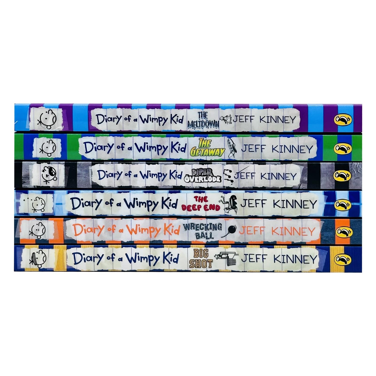 Close-up of the colorful cartoon cover illustrations of Greg Heffley across the Diary of a Wimpy Kid Books 12-17 paperback set.