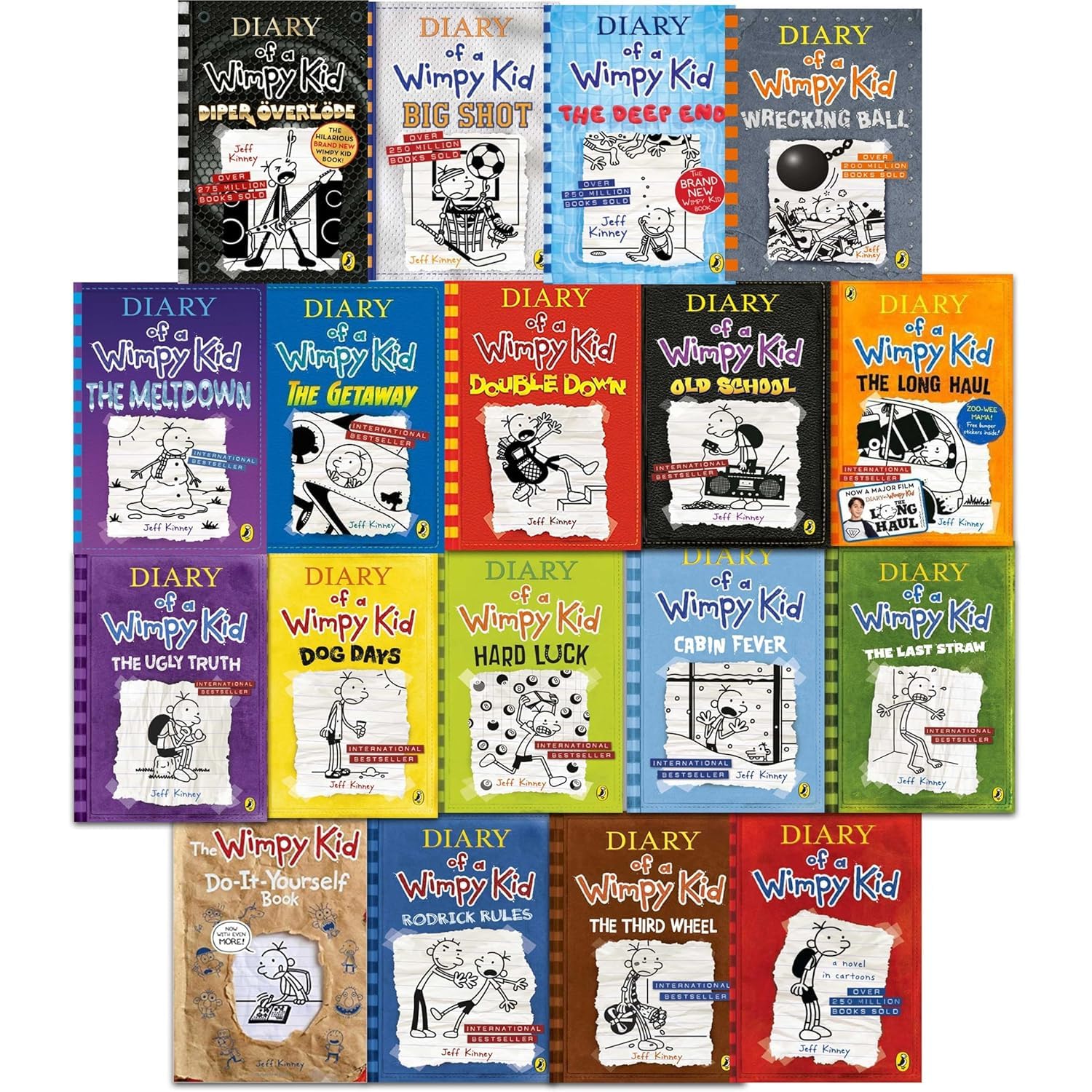 Diary of a Wimpy Kid 18-book paperback collection set by Jeff Kinney, full set of covers shown