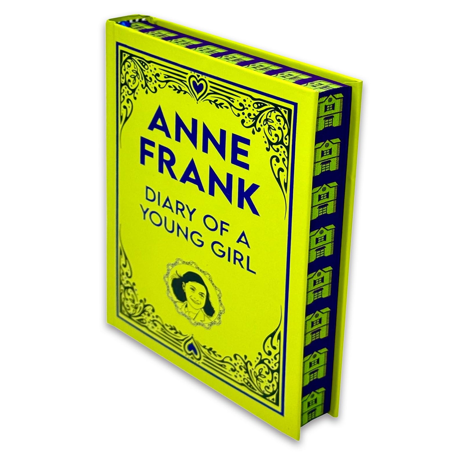 Spine and side view of the hardcover Diary of a Young Girl showing decorative binding