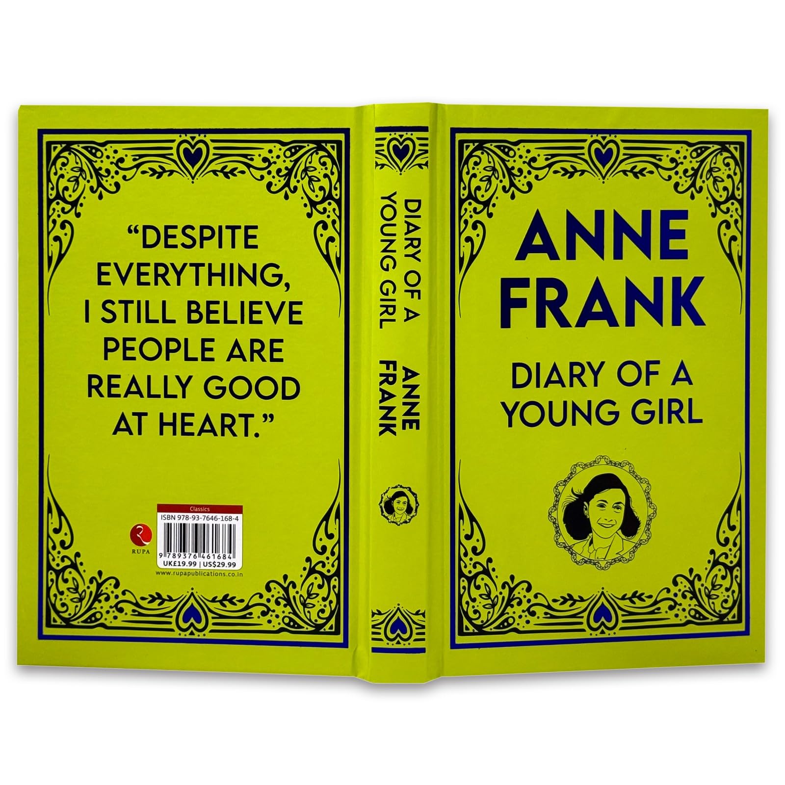 Open interior page spread of The Diary of a Young Girl hardcover showing print quality and paper stock