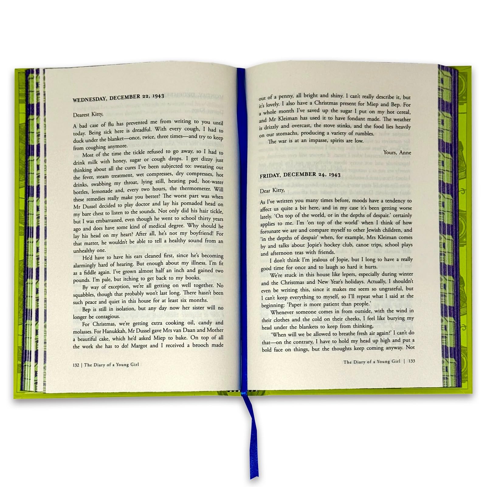 Close-up of the ribbon bookmark attached to The Diary of a Young Girl hardcover gift edition