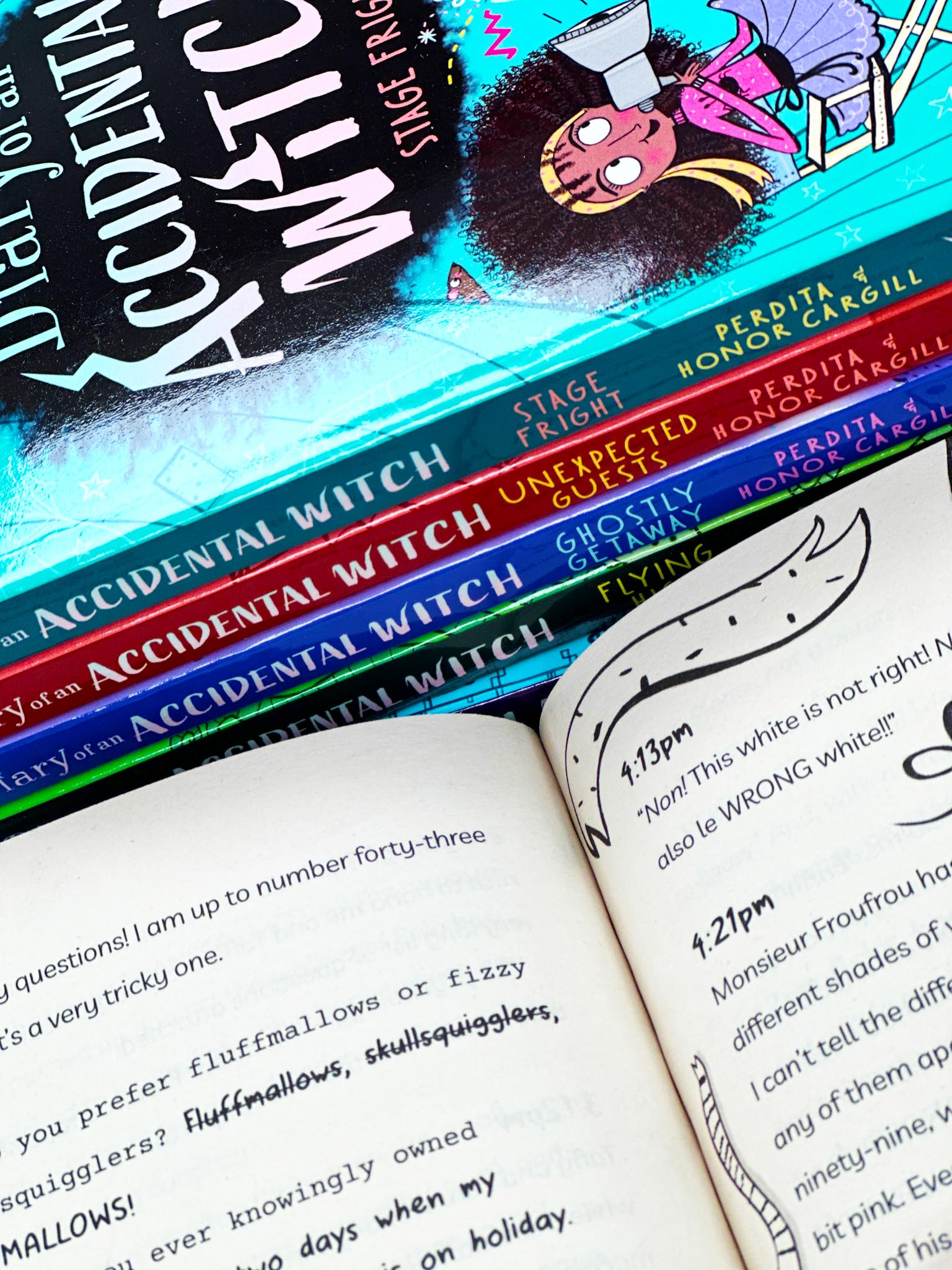 Diary of an Accidental Witch paperback set - inside page spread showing diary-style illustrations by Katie Saunders
