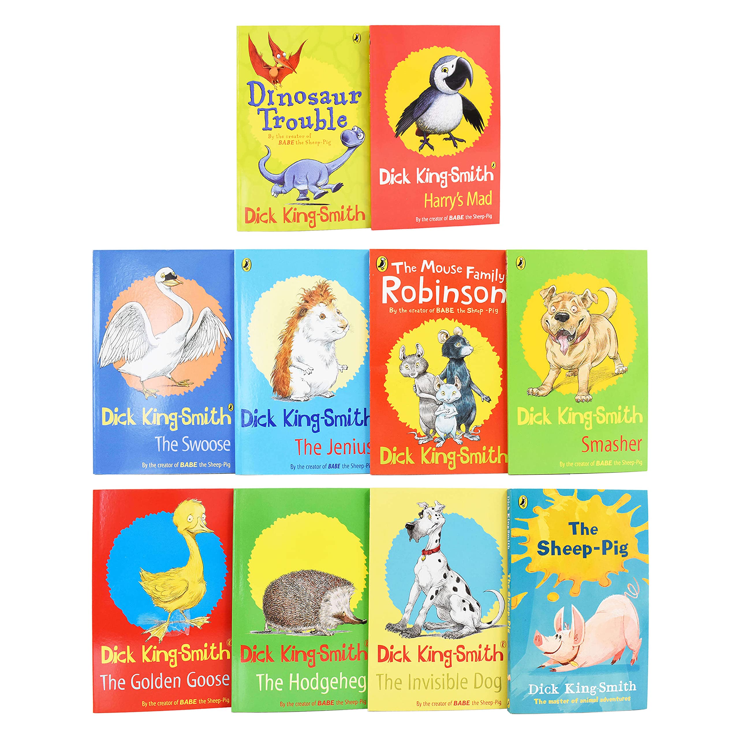 Full set of ten Dick King-Smith paperback books fanned out, showing titles including The Hodgeheg and The Swoose