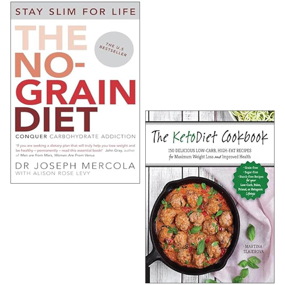 Front cover of The No-Grain Diet by Joseph Mercola and The KetoDiet Cookbook by Martina Slajerova, paperback 2-book diet set
